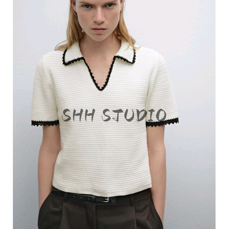 MD New Women's Clothing Classic Style Elegant Lady Creamy-white Crocheted Polo Collar Short Sleeve Knitwear 5731683