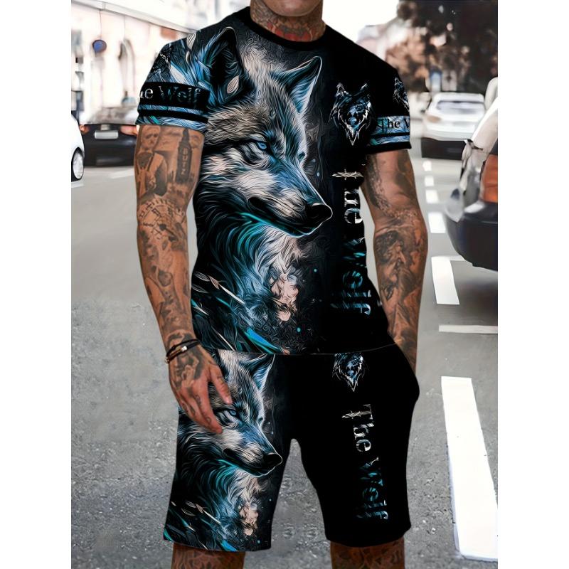 Summer Men's Sports Suit Wolf 3D Printed Short Sleeve T-Shirt and Shorts Set Casual Outfit