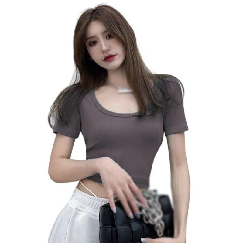 Kvinner Crop Top Firkantet Neck Slim Fit Kortermet Ensfarget Uformell Tee T-skjorte Workout Yoga Top Base Shirt