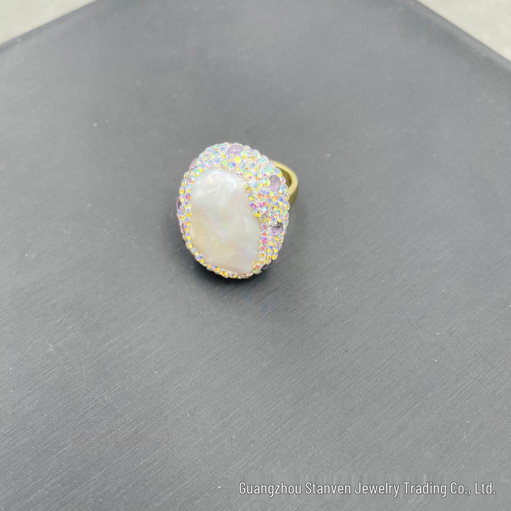 Handmade Irregular Freshwater Pearl & Raw Stone Ring - Elegant Baroque Design with Diamond Accents