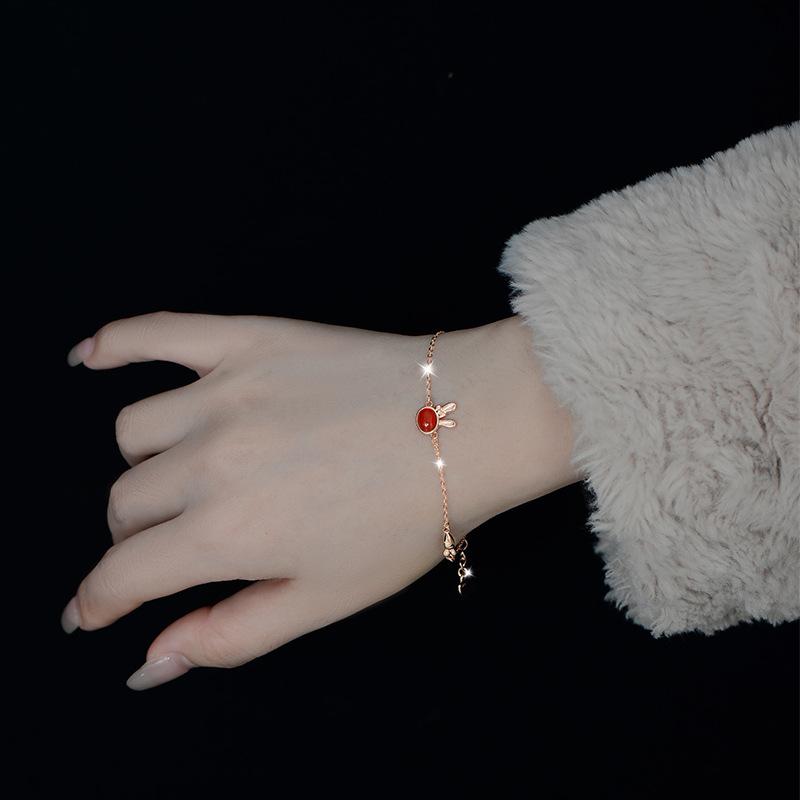 Cute Girl Heart Series Rabbit Red Agate S925 Pur Silver Bratara pentru fete