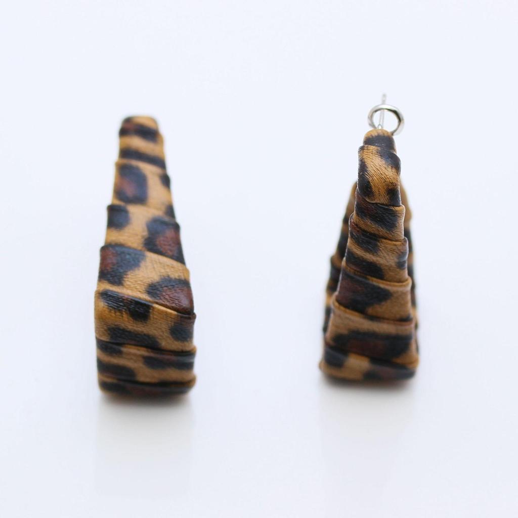 Geometric Silver Needle Earrings with Leopard Print Leather and Maillard Style Ear Cuffs