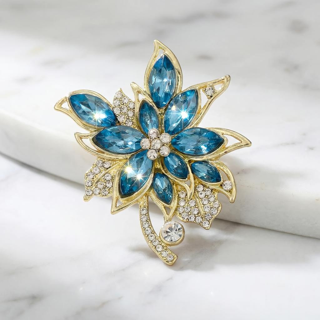 Delicate Blue Flower Brooch, Rhinestone Encrusted Alloy Pin, Elegant Jewelry for Women Bag Coat, Perfect Gift for Celebration