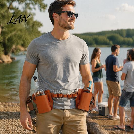 Marsupio a Vita per Bottiglia di Vino Double-Sided, Borsa in PU Vintage, Doppia Tasca Laterale con Multi-Scomparto, Borsa Impermeabile Regolabile per Lattine di Birra Bicchieri,