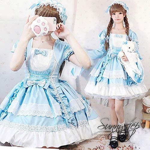 SUNNYSTEP Dienstmädchen Cosplay Kleid mit langen Ärmeln, Größen M-6L, Übergrößen, Gothic Lolita Kleid, Rüschen (Hellblau, 5L (4XL))