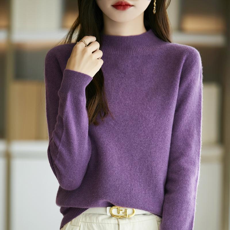 Women's Slimming Wool Sweater - Half High Neck, Long Sleeve, Loose Velvet Pullover, Versatile Knitwear for Autumn/Winter.