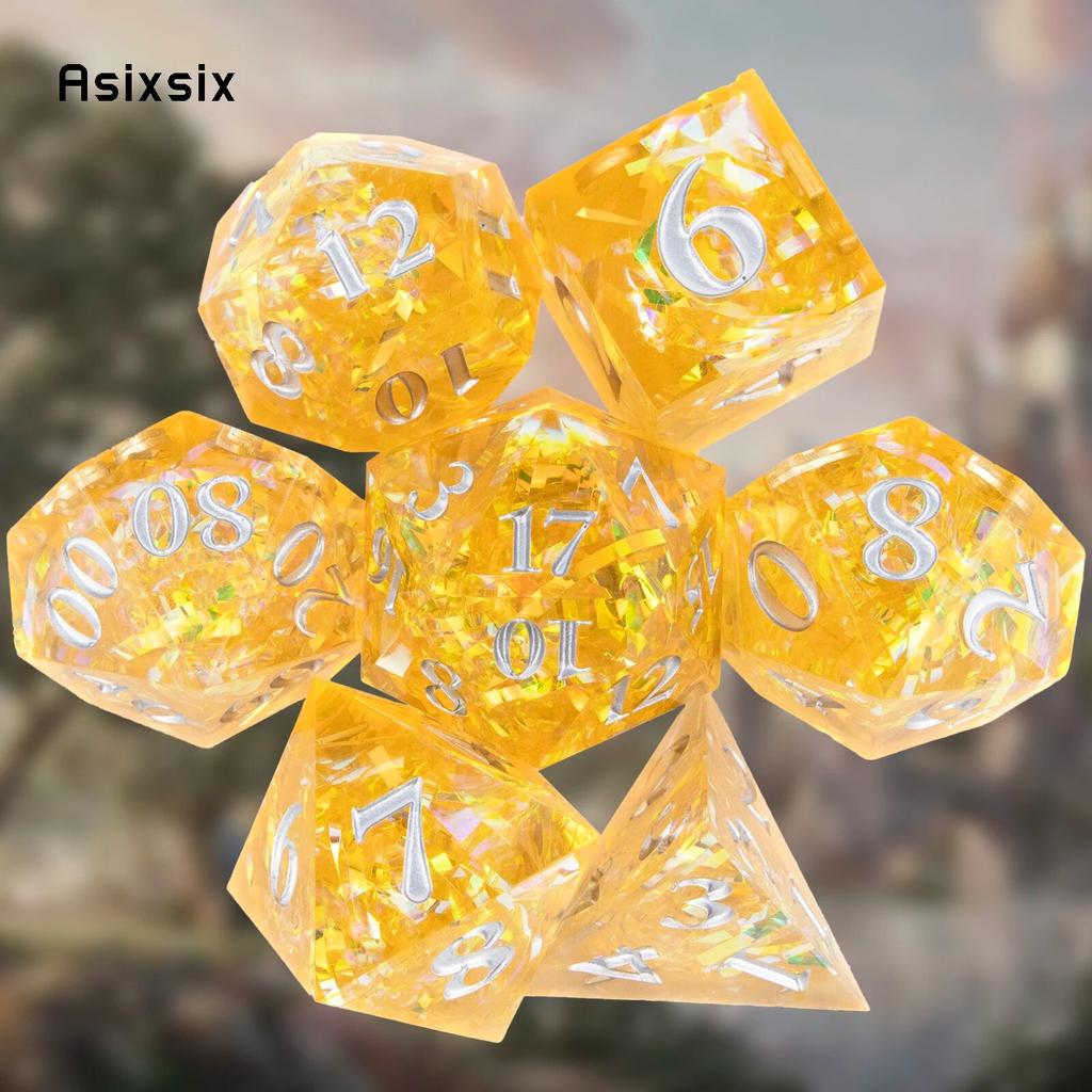 7 Stück gelbe Harz-weiße Zahlenwürfel mit scharfen Kanten, polyedrische Würfel, geeignet für Rollenspiele, RPG-Brettspiele