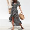 Women's Summer Casual Print  Short-sleeve Sexy Cross V-neck Side Zipper  Waist Lace-up Irregular Hem Split Ruffle Dress
