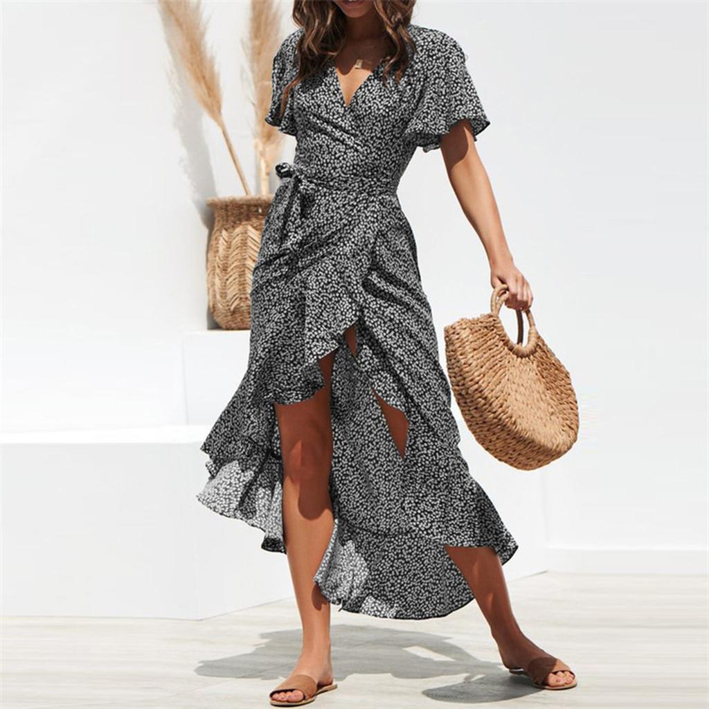 Women's Summer Casual Print  Short-sleeve Sexy Cross V-neck Side Zipper  Waist Lace-up Irregular Hem Split Ruffle Dress