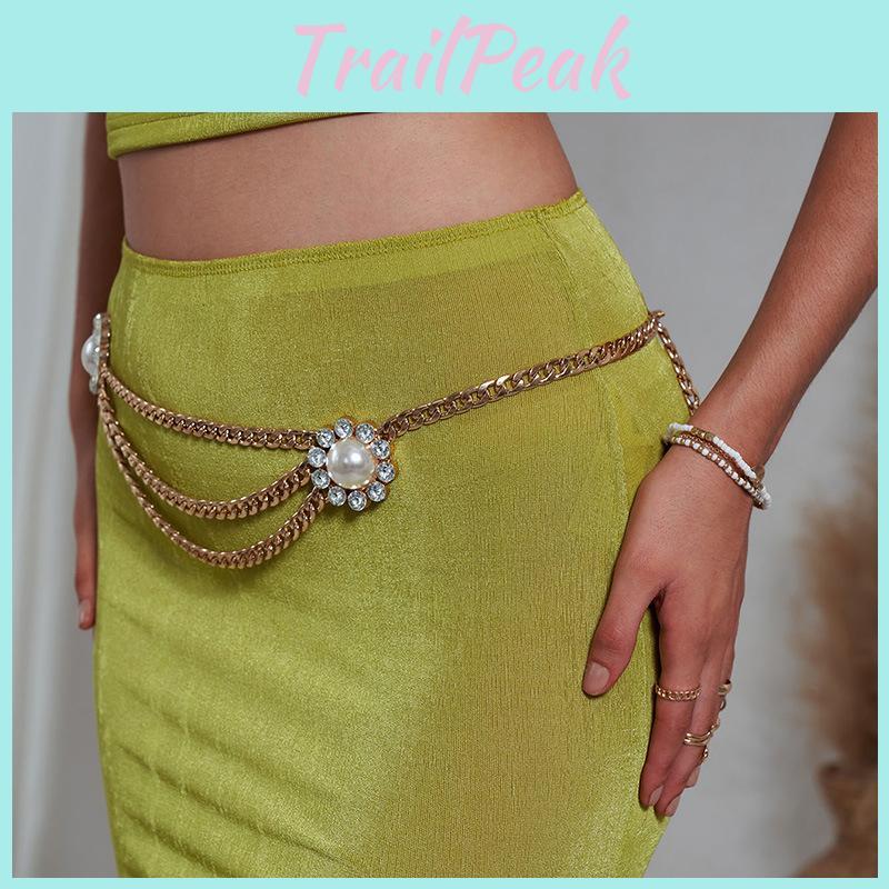 Sophisticated Artificial Pearl Flower Gold Waist Chain For Women With Trendy Design