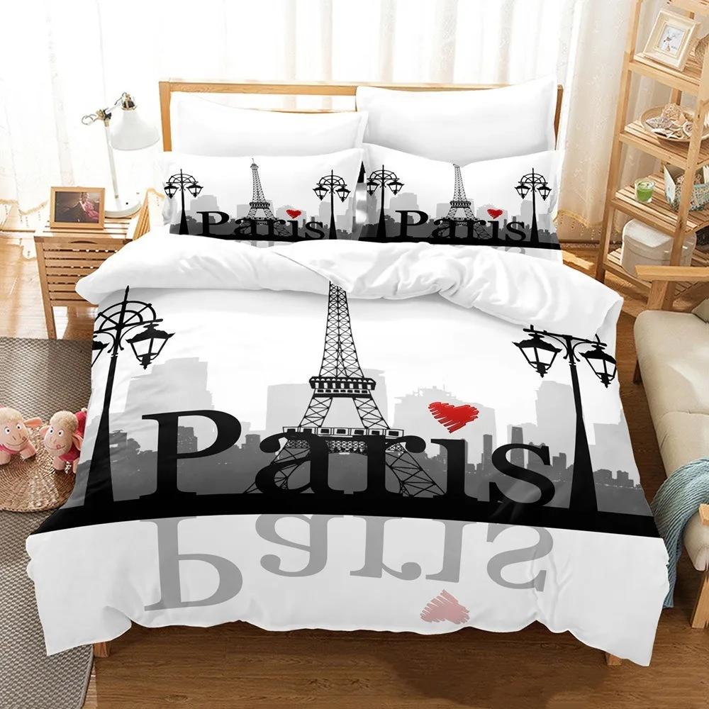King Comfortable Quilt Cover Set Beding Digital Printing Pink Love Paris Tower Luxurious Bed Linen Set 28*28 Including (duvet Cover+pilowcase