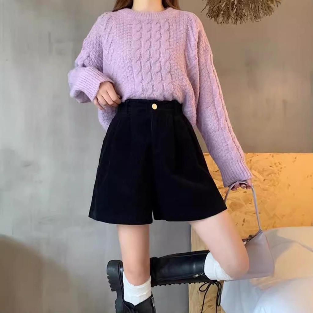 Damen High-Waist A-Linien Cordshorts mit weitem Bein - Kaffee, Herbst 2024, Petite