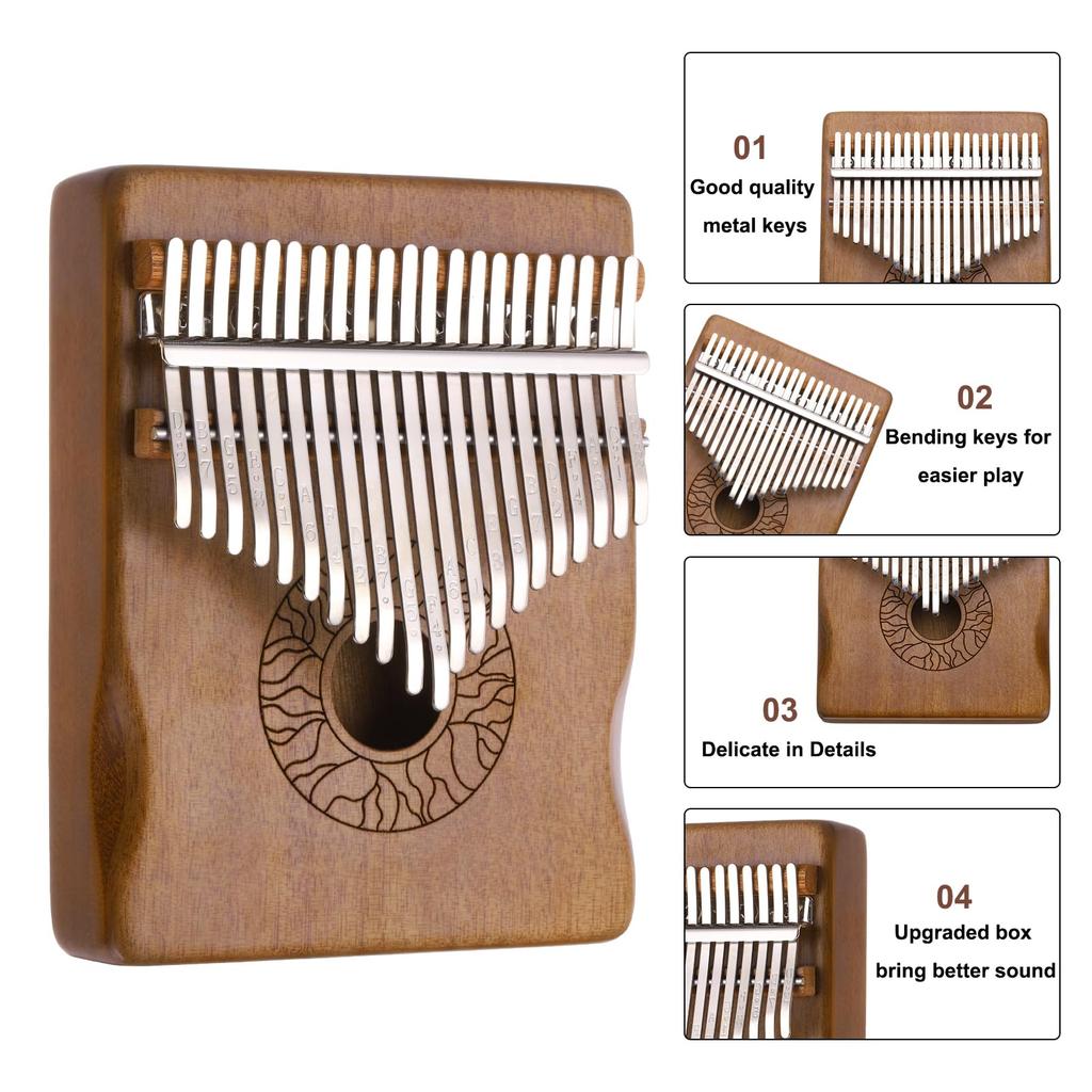 Uxcell 21-Key Thumb Piano Mini Portable Finger Piano Solid Core Wood Deep Brown Flower Pattern Handrail Tuning Hammer Music Learning Guide Gift for