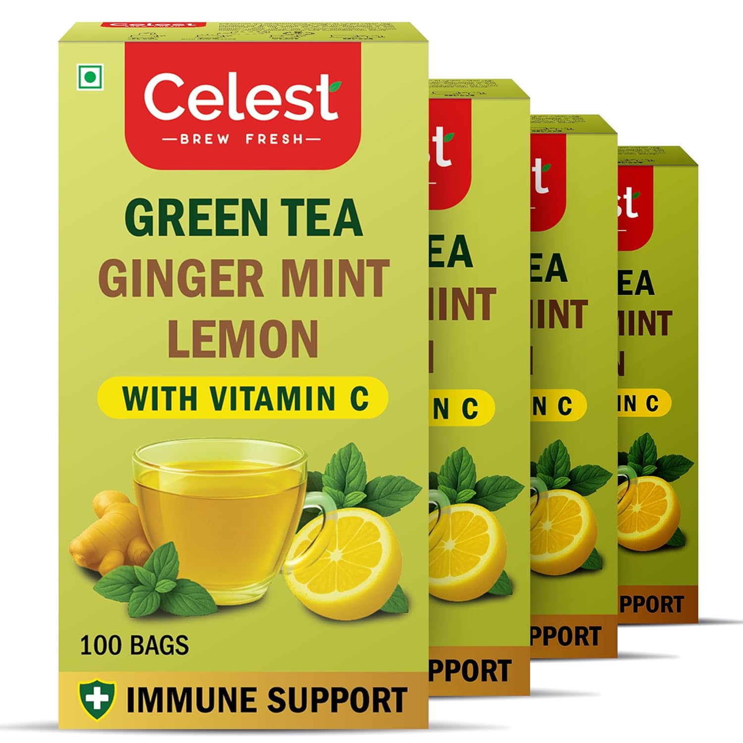 

Celest Green Tea Mint Lemon Ginger with Vitamin C 100 Tea BagsX Pack of 4 Refreshing Healthy Beverage