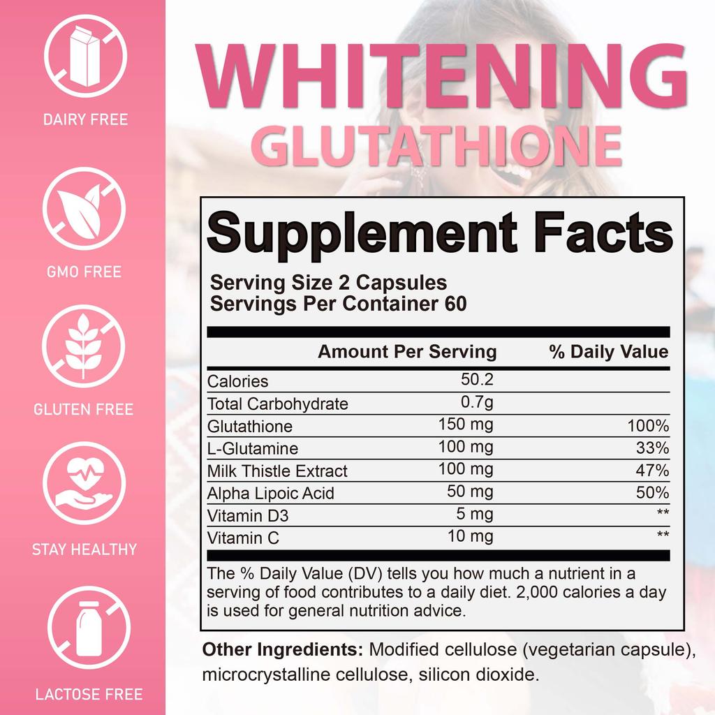 100% Natural Glutathione Supplement, Contains Vitamins and Alpha-lipoic Acid, Whitening, Antioxidant, Suitable for Adults.