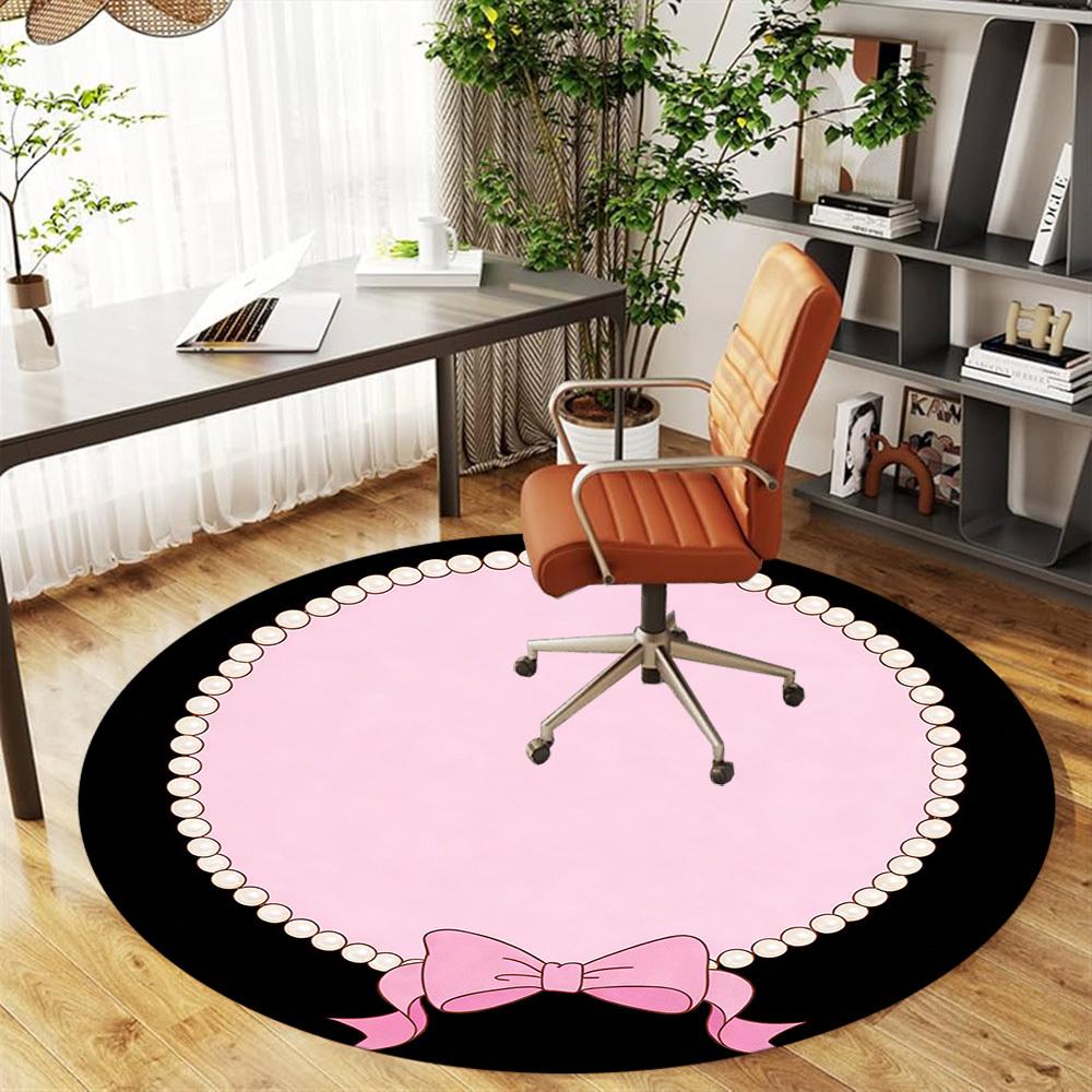 1pc Pearl Bow Round Chair Mat Office Area Rug - Non-Slip, Floor Mat for Office, Bedroom, and Indoor Decor P127219
