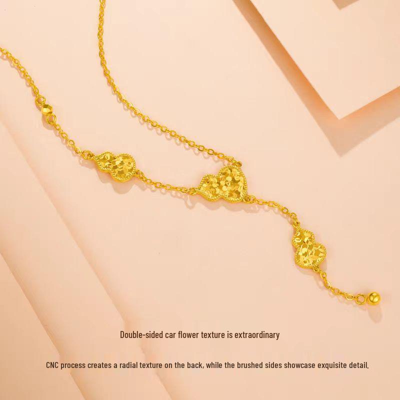 Golden CNC Double Fortune Gourd Jewelry Set: Crushed Ice Necklace, Bracelet, Double-Sided Pendant