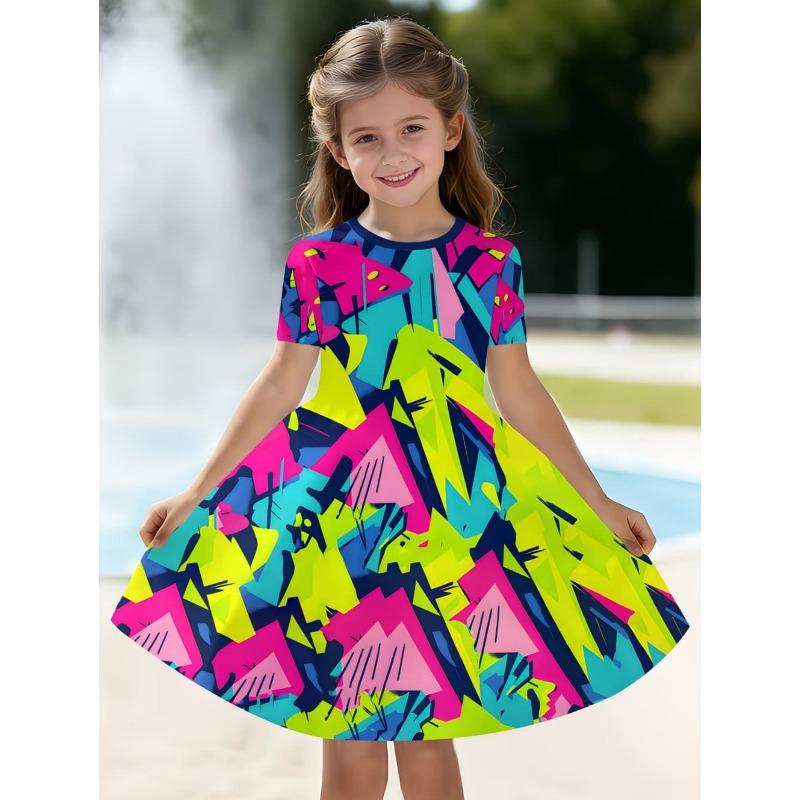 Dress for Girls Tie-Dye Multicolor Graffiti 3D Print Round Neck Colorful Dress Casual Summer Short Sleeve