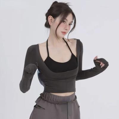 Dvoudílná sada Y2k Estetická trička Harajuku Halter Trička s dlouhým rukávem Femme All Match Spaghetti Stap Patchwork Top Dámské