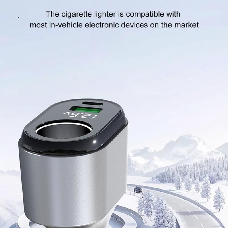 120W Intelligent Car Charger PD65w Fast Charging Adapter with Voltages Display USB A USB C Port Safety Protections