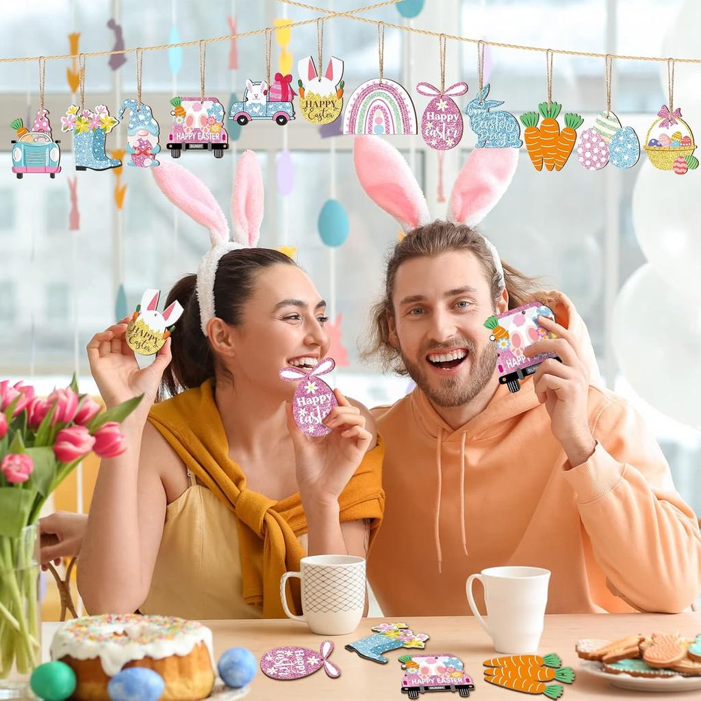 Kathfly 32 Pieces Easter Ornaments for Tree Pastel Spring Wooden Decorations Egg Gnome Bunny Carrot Basket Ornaments Hanging Spring Wood Cutouts