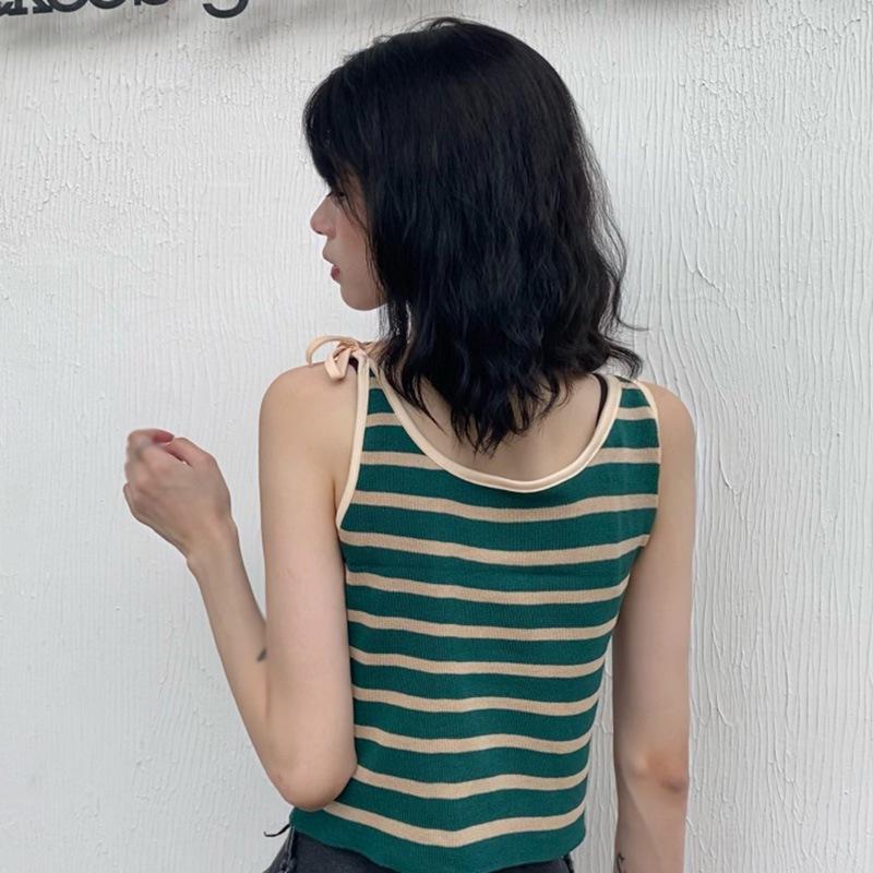 Women Striped Bow Vest Slim Casual Knitted Camisole Tank Top