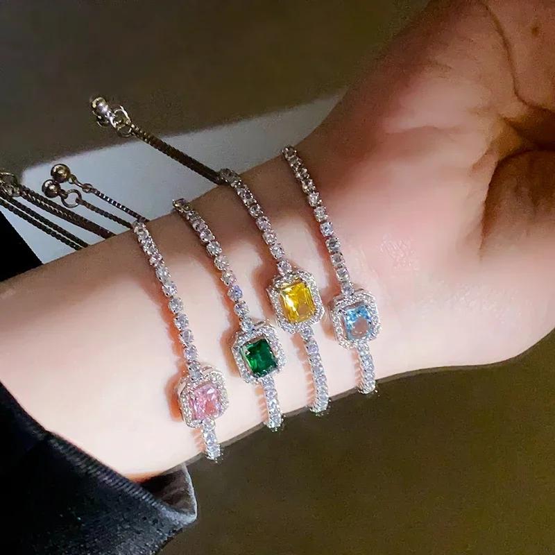 Shiny Square Zircon Bracelet for Women Girls Delicate Rhinestone Chain Bracelets Bangles Party Wedding Bride Jewelry