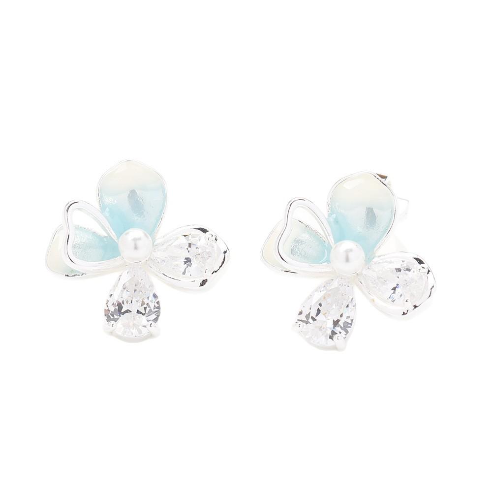 New Japanese and Korean Sweet Blue White Oil Dripping Flower Earrings Temperament Stone Inlaid Exquisite Versatile Ear Clips