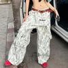 Women's High Street Design Sense Back Strap Splicing Camouflage Workwear Hot Girl Low Waist Loose Thin Straight Casual Trousers