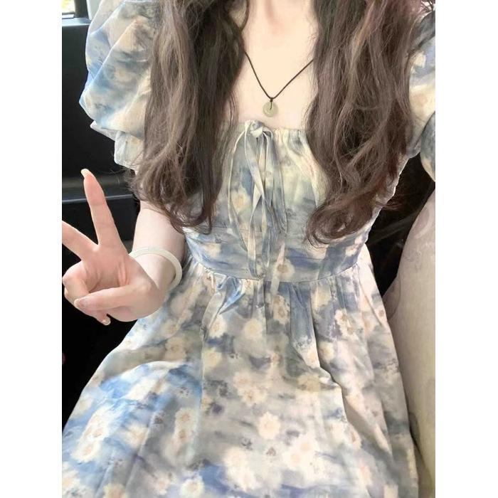 French Square Neck Puff Sleeve Floral Dress - Summer 2024 Waist-Slimming A-Line Skirt for Women