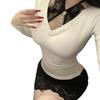 Chic Heavy-Duty Sequin Patchwork Lace Halter V-Neck Long-Sleeve Layered Fake Two-Piece Women's T-Shirt
