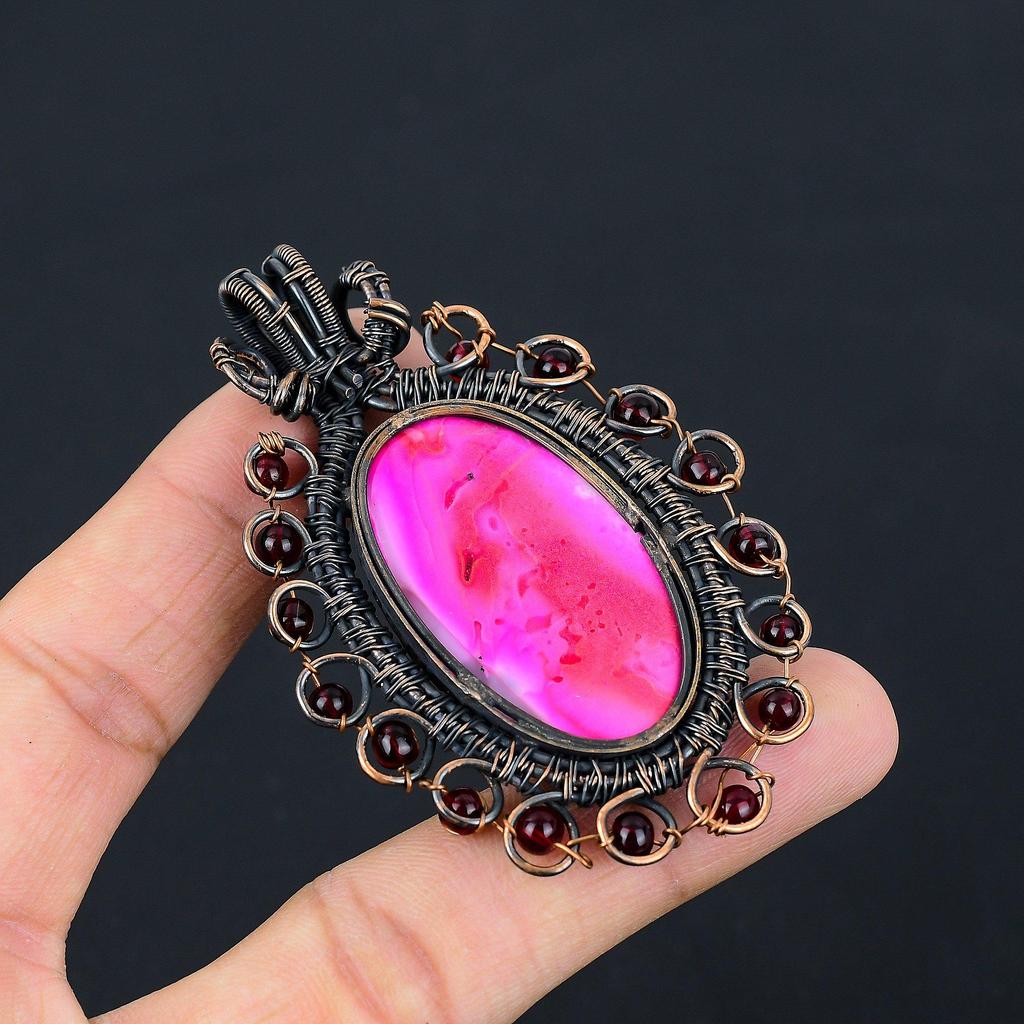 Pink Dendrite Opal Gemstone Pure Copper Wire Wrapped Handmade Pendant Jewelry