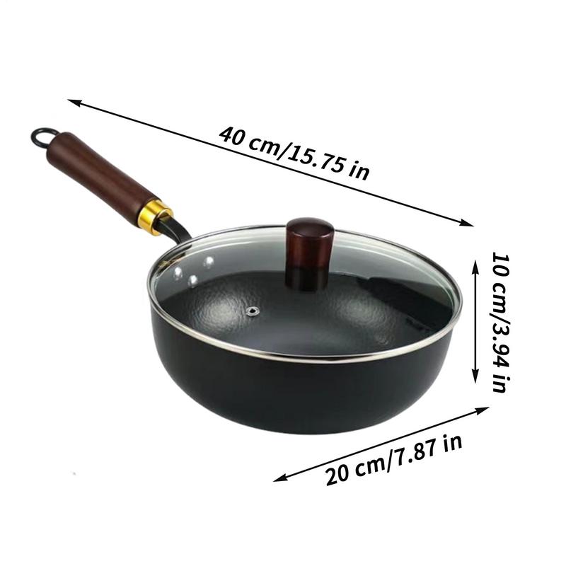 Iron Wok Pan Japanese Iron Pan With Wooden Lid Thick Non-stick Hand-Forged Pot For Stove Induction Hob Kitchen Restaurants Home