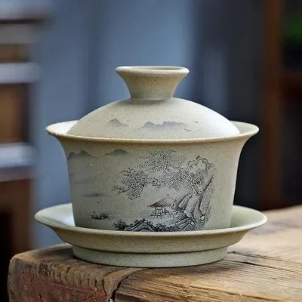 130ml Customized Coarse Pottery Gaiwan Antique Ceramic Tea Infuser Portable Beauty Tea Set Chinese with Lid Teacup Tea Bowl