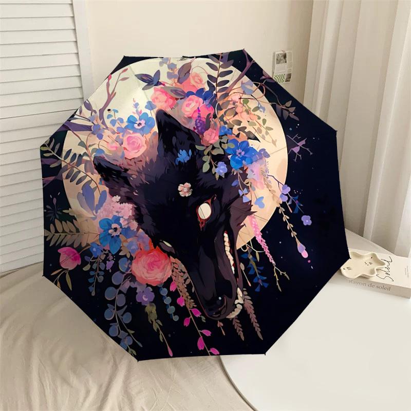 1pc Wolf Flowers Automatic Folding Umbrella 8 Rib Iron Frame, Compact Portable Umbrella Suitable for Travel, Daily Use, Birthday, Women & Men Gift 022