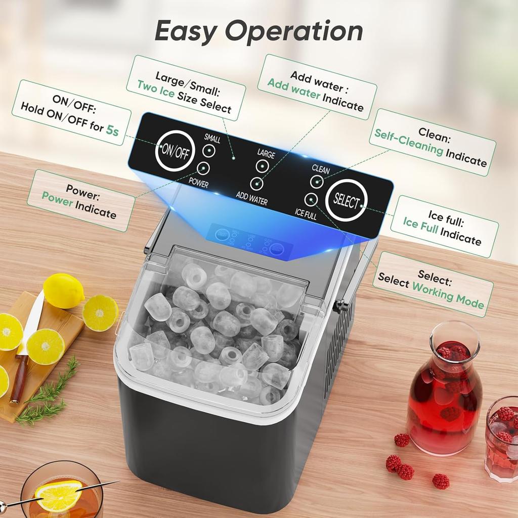 Portable Countertop Ice Maker, 26lbs/24H, 9 Cubes In 6 Mins, Self-Cleaning, Quiet for Home Kitchen RV Camping