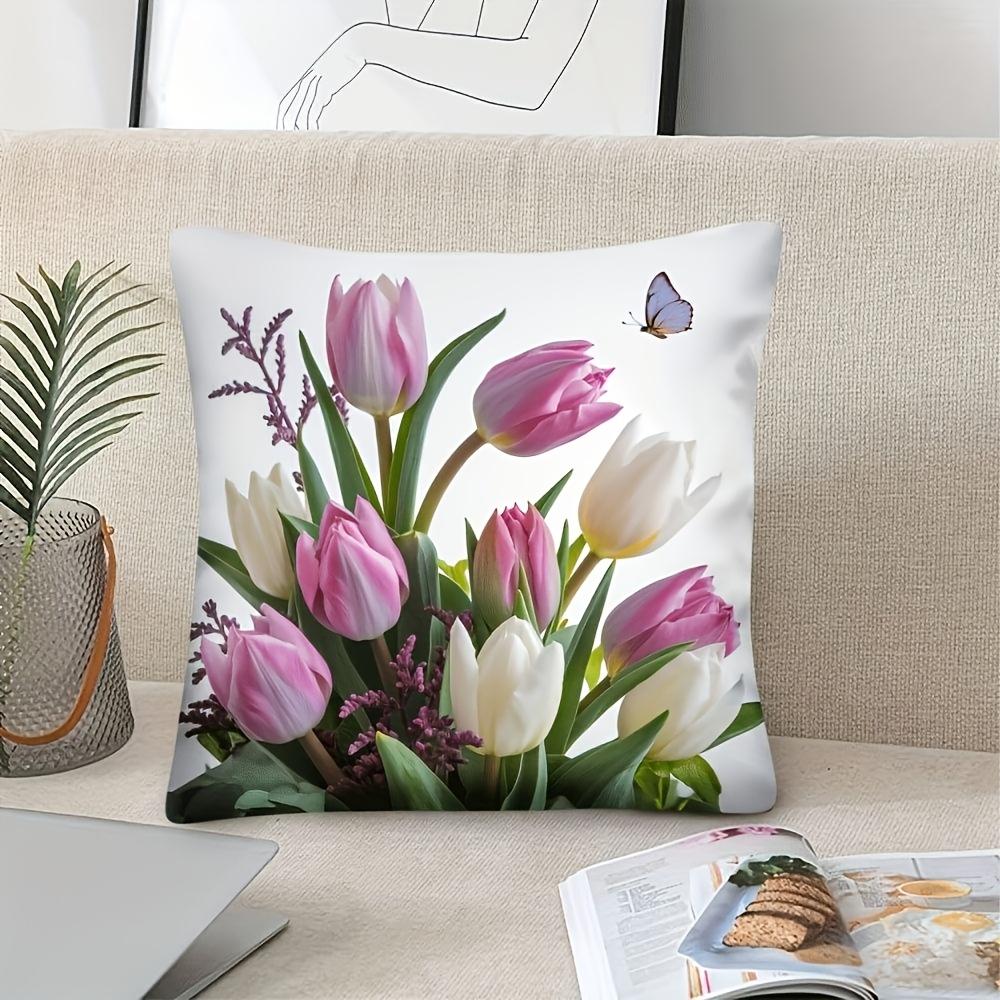 Vikama Retro-Style Pillowcase Spring Tulip & Butterfly Design Sofa Bed Home Decor Cushion Cover