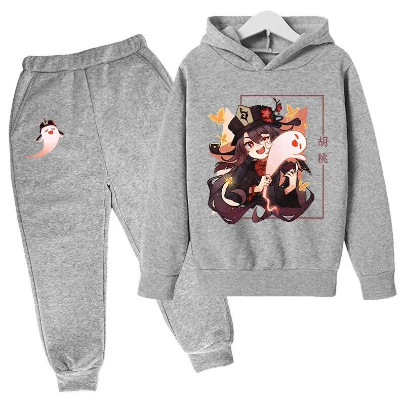 Anime Game Genshin Impact Printed Boys Girls Tracksuit Sets HuTao Pattern Hoodie + Pants 2pcs Sets Fashion Casual Unisex Clothing Children's Set