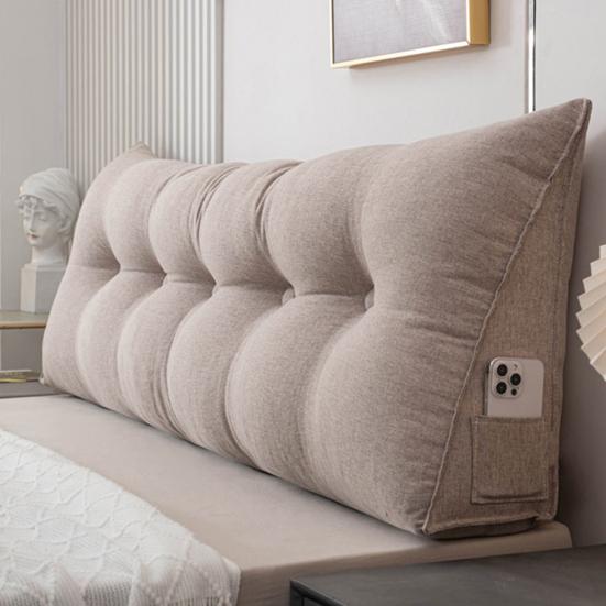 Headboard Pillow with Side Pocket Linen Triangular Headboard Wedge Cushion Bed Bolster Cushion for Shoulder Back Waist Support Dorm Home Bedroom