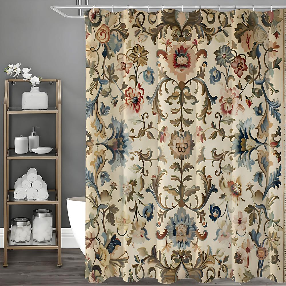 Natural Style European Floral Shower Curtain, Bathroom Decorative Shower Curtain, Waterproof Shower Curtain with Hooks