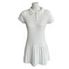 Women's White Cable Knit Patchwork Dress with Polo Collar and Pleated Skirt – Slim Fit Summer Mini Dress