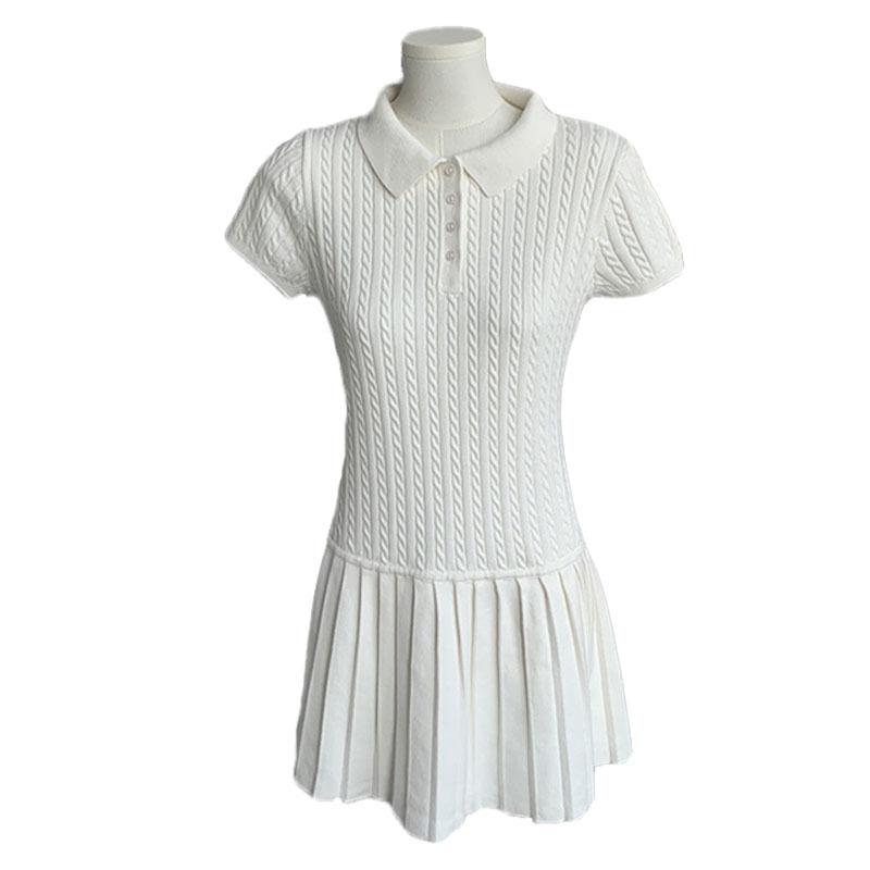 Women's White Cable Knit Patchwork Dress with Polo Collar and Pleated Skirt – Slim Fit Summer Mini Dress