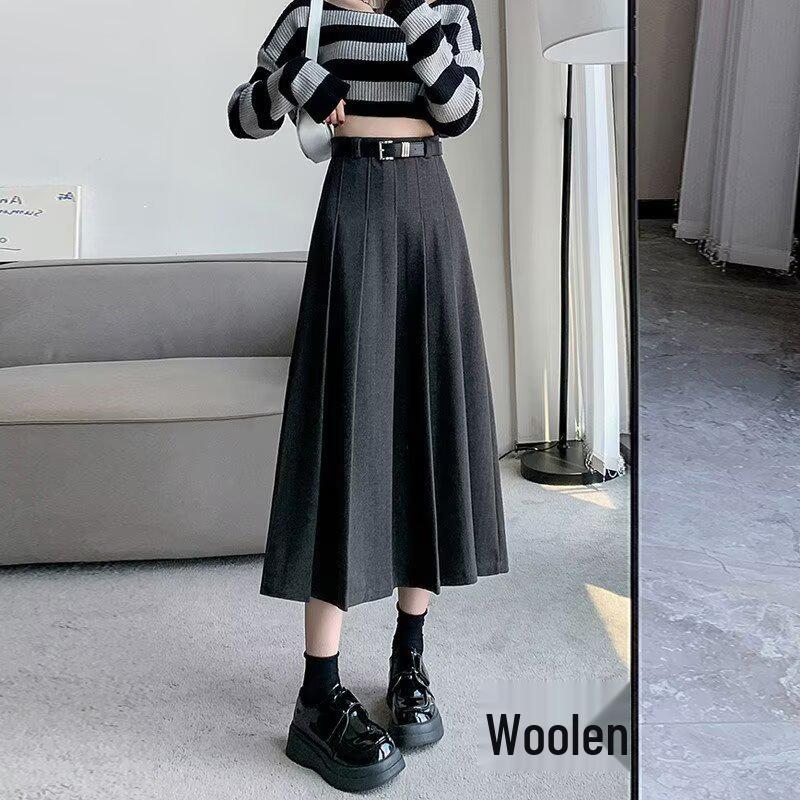 Women's Plus Size Academic Style Pleated Woolen Skirt - High Waist Slimming, Anti-Exposure Design