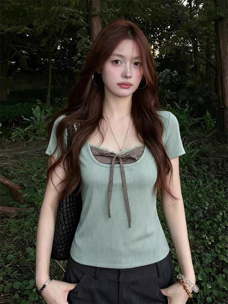 Korean square collar fake two-piece short-sleeved T-shirt women's summer slim-fitting and thin bow lace-up top