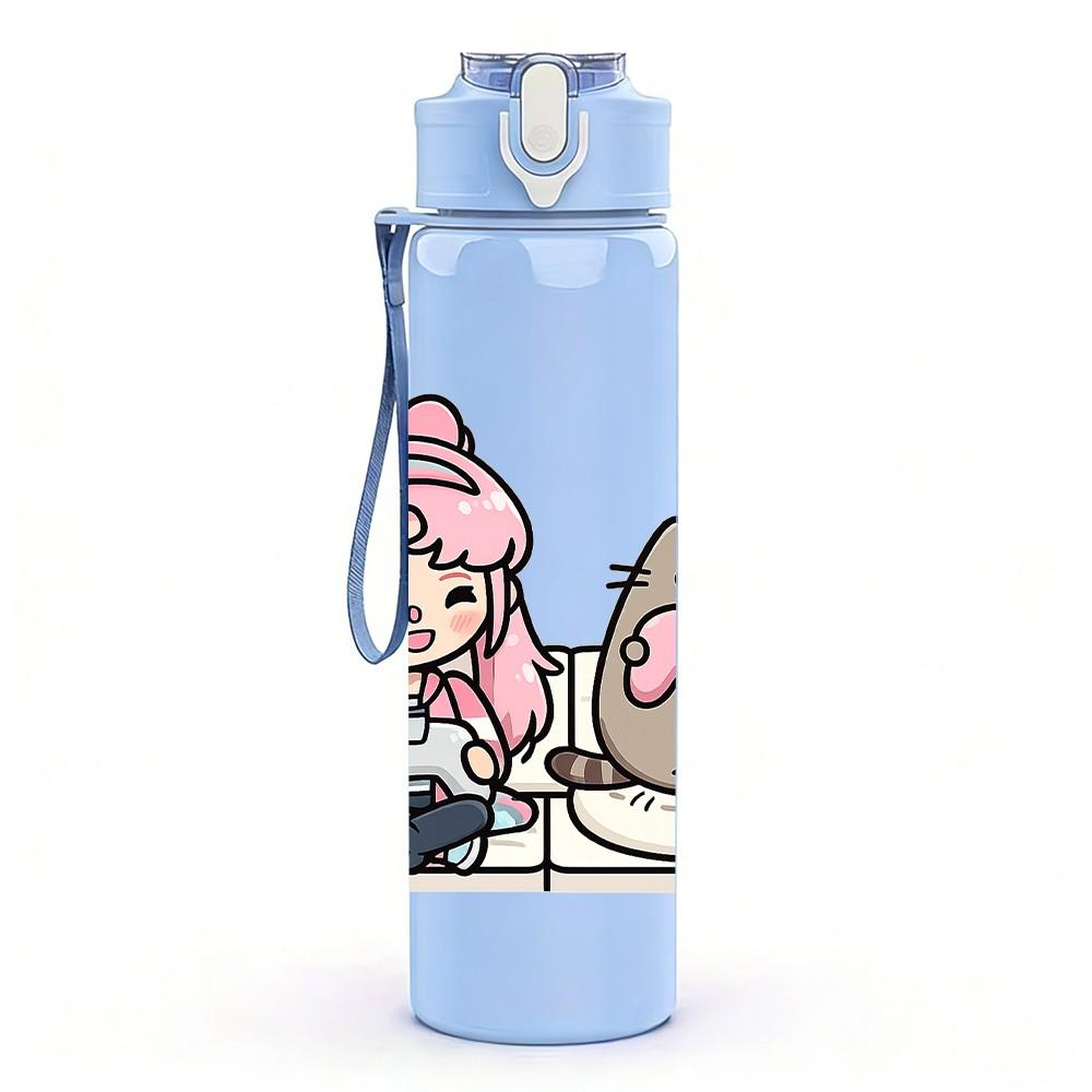 1PC Pink Hair Girl Cute Cat Character Print 750ml Color Plastic Sports Water Bottle Leakproof Flip Straw Lid Suitable for Sports Office Home Use