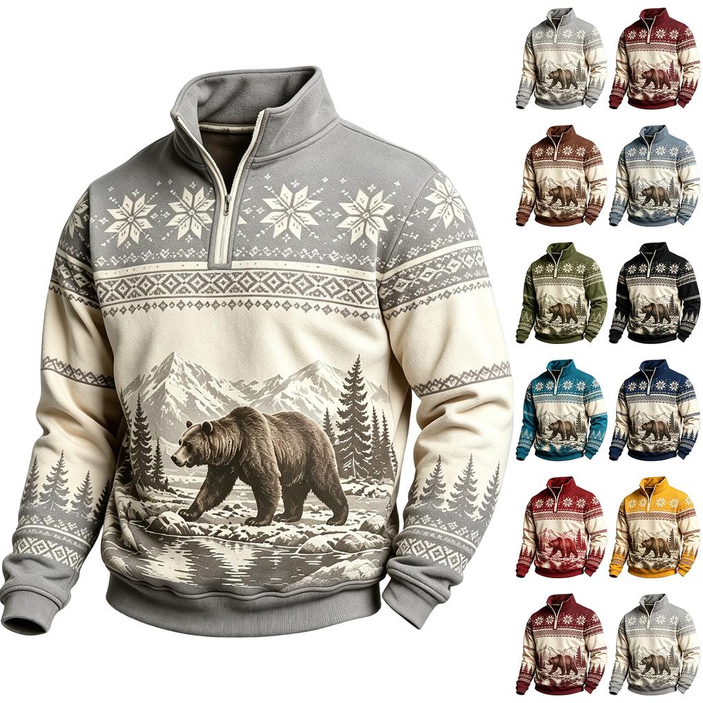 Men's Casual Zip-Up Sweatshirt, Stand Collar Long Sleeve Lined Athletic Top with Print