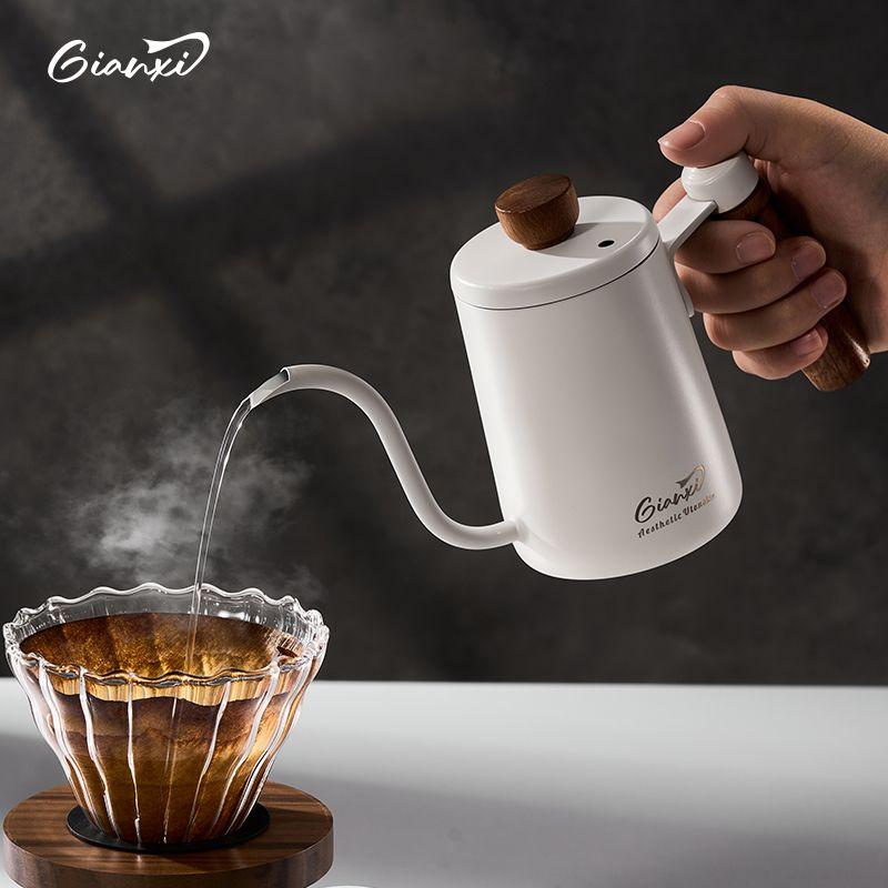 Giannxi Wooden Handle Small Temperature Controlled Water Bottle Portable Long Mouth Pot Stainless Steel Professional Coffee Pot