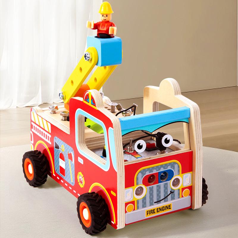 Wooden Children's Early Education LED Sound Switch Busy Board Fire Truck Disassembly Screw Nut Educational Toy