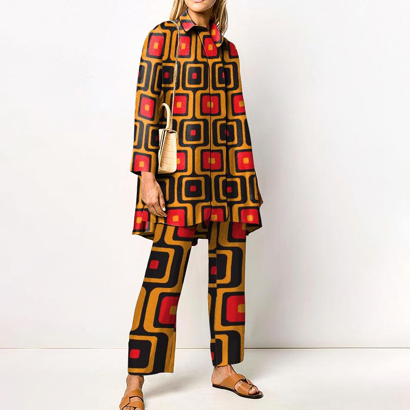 Grünes geometrisches Print Damenhemd und Wide Leg Hosen Kombinationsset