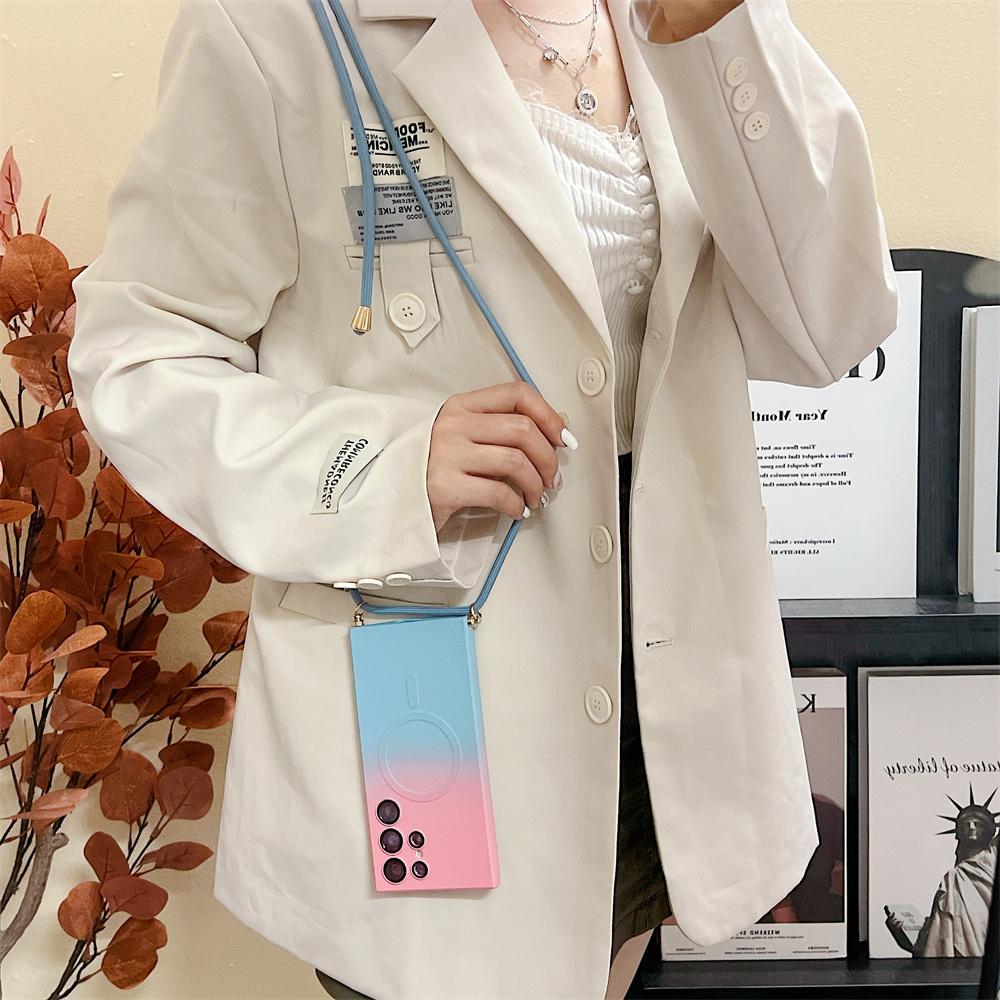 Crossbody Lanyard Cord Magsafe Case For Samsung S24 S23 S22 Ultra/iphone 15 14 13 12 11 Pro Max Gradient Matte Silicone Wireless Charging Back Cover